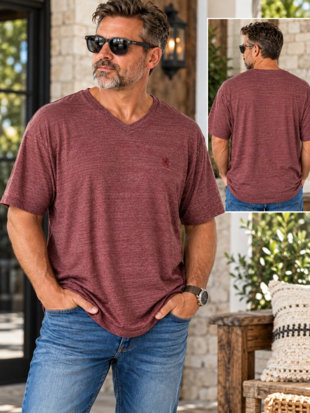 Men’s Burgundy V Neck Tee Rugby University Embroidered 3XL Cotton Blend
